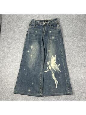 Women’s Y2K Current Mood Dollskill Fairycore Wide Leg Flared Jeans Baggy Size 28